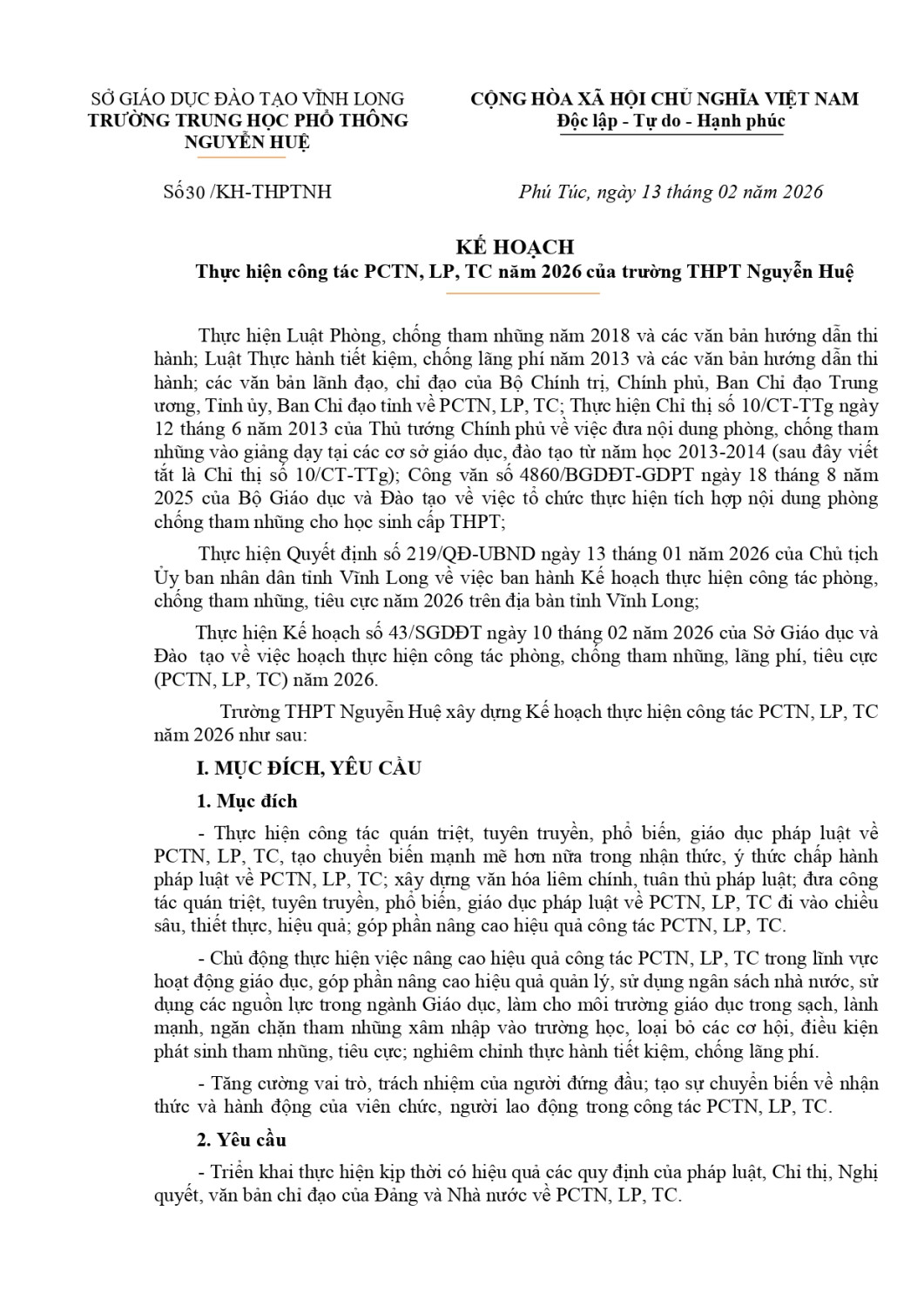 Kế hoạch thực hiện công tác PCTN, LP, TC năm 2026 của trường THPT Nguyễn Huệ page 0001