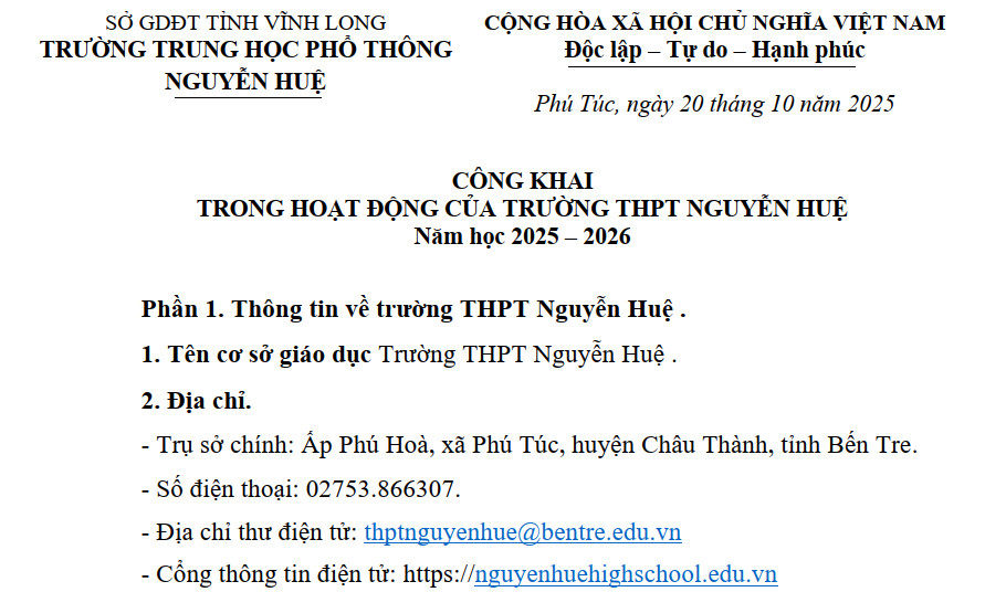 CÔNG KHAI TRONG HOẠT ĐỘNG CỦA TRƯỜNG THPT NGUYỄN HUỆ - Năm học 2025-2026