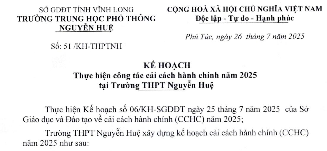 KẾ HOẠCH thực hiện công tác cải cách hành chính năm 2025 tại Trường THPT Nguyễn Huệ